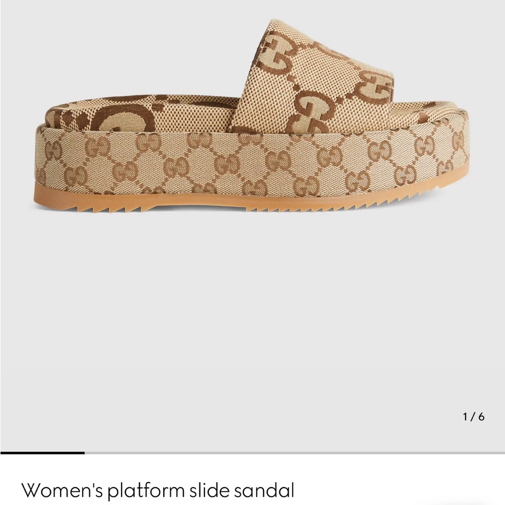 Gucci Tan Platform Slide Sandals with Signature Monogram - new never worn